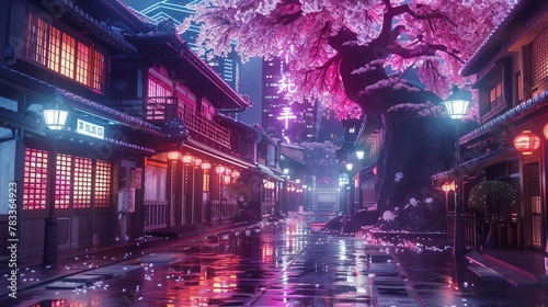 fantasy japanese night cityscape with neon lights traditional buildings and giant sakura tree urban manga background 3d render