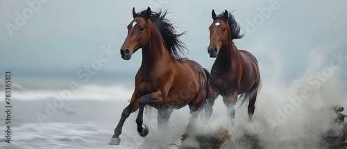 Synchronous Equine Rhythm by the Sea. Concept Horseback Riding, Beach Scenery, Equestrian Lifestyle, Ocean Views, Synchronized Movements