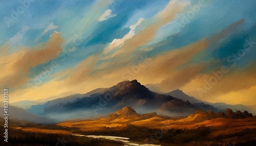 mesmerizing abstract painting depicting a serene blue and brown sky landscape