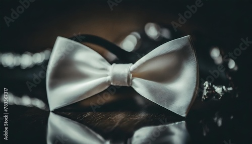 a white bow tie with a black band