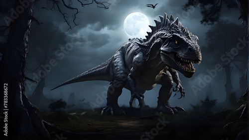 A digital illustration of a scary dinosaur standing amidst a dark and foreboding forest. The forest is depicted with exaggerated proportions, with twisted trees and gnarled roots creating a sense of u