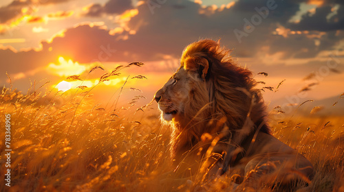 a majestic lion seated amidst tall grass, its gaze fixed on the distant horizon during a breathtaking sunset