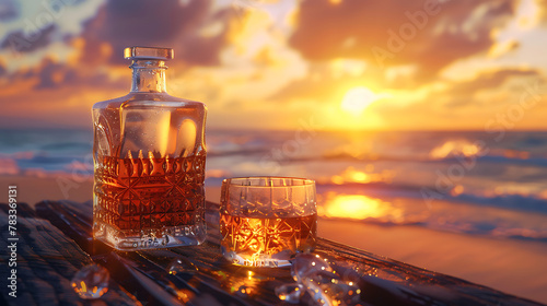 a glass of whiskey and an accompanying whiskey bottle placed on a wooden surface