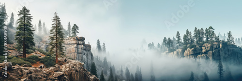 Misty morning in the forest: a scenic alpine landscape veiled in fog, creating a mysterious and beautiful atmosphere.