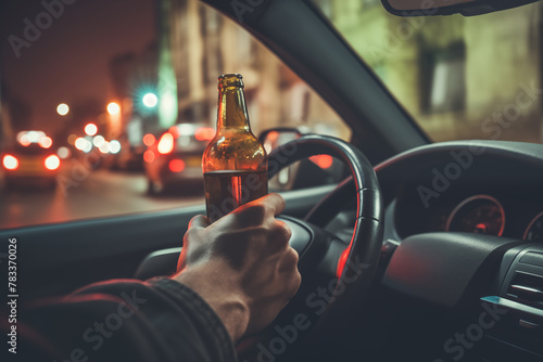Drunk driver with beer: Illegal and dangerous on the road.