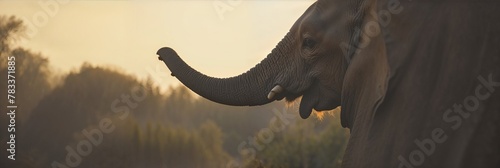 large elephant is standing next to a dense forest. The elephants impressive size is emphasized against the backdrop of the trees.