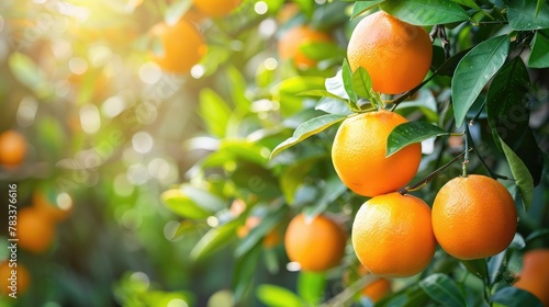 orange tree in the garden are excellent source of vitamin C. Green organic orange citrus fruit hanging on tree