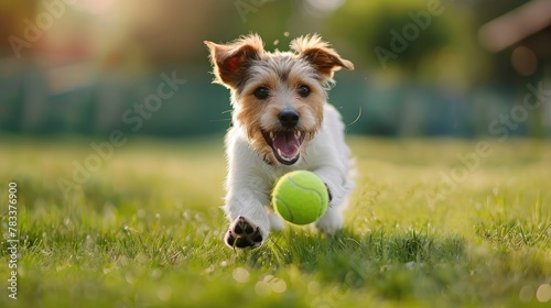 Playful happy pet dog puppy running in the grass and playing with a tennis ball. Web banner with copy space.