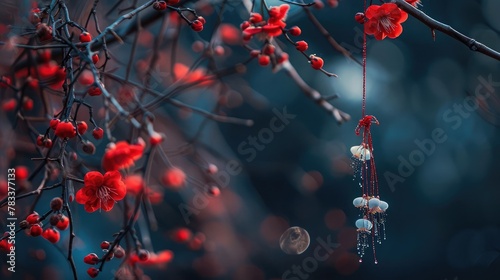 Red and white beautiful martisor hanging on the branches of the tree in the evening with dark background. Space for text.