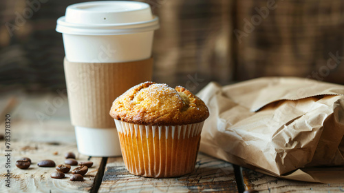 Coffee to go with Muffin on wood background