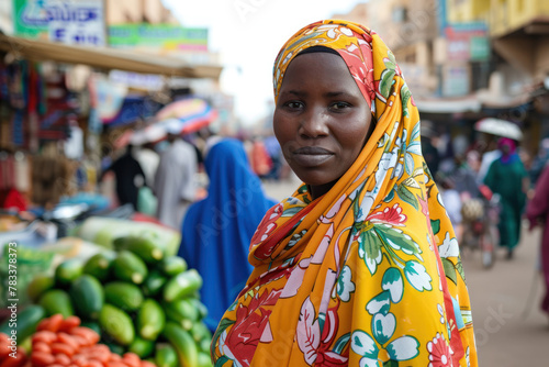 Sudanese Woman in Traditional Clothing Standing in a Busy Market