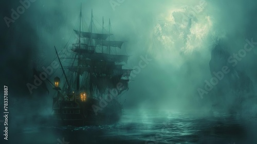 haunting ghost ship sailing through misty sea with tattered sails and glowing portholes dark fantasy digital painting