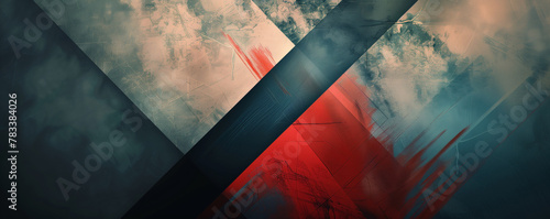 Geometric abstract background. Dark blue green and red colors. Abstract horizontal banner. Textured graphic design poster. Digital artwork raster bitmap. AI artwork.