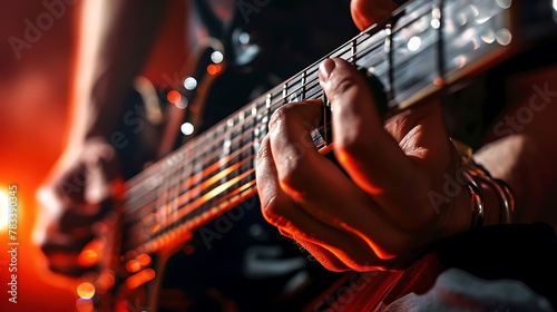 A close-up of a guitar player's fingers sliding down the fretboard, capturing the essence of rock-n-roll music for World Rock-n-roll Day