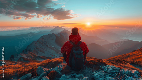 A man sitting on top of a mountain with his back to the sun, AI