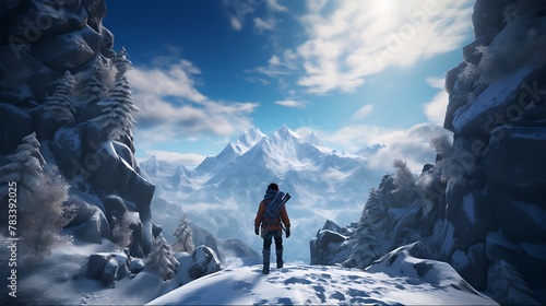 AI-generated adventurers exploring a winter-themed virtual reality game, navigating treacherous landscapes and battling mythical creatures in a quest to save a snow-covered kingdom