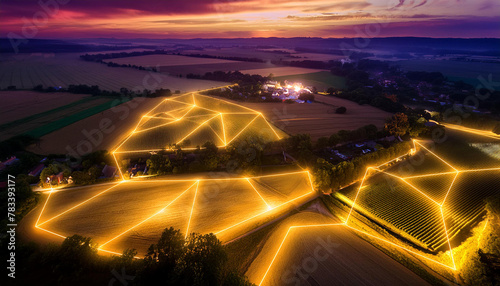 A high angle view of an agricultural rural landscape in the evening, illuminated by a glowing grid that references the appearance of technology across a rural landscape, smart tech and ai in farming 