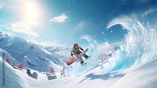 AI-generated characters participating in an exciting snowboarding competition, showcasing their skills in a dazzling winter terrain