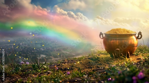 Gold Pot, Pot of gold at the end of a rainbow, mythical lush landscape