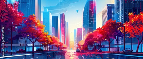 cartoon city street, buildings on the right and left sides of the road, trees along the sidewalk, sunset sky , Anime Background Images