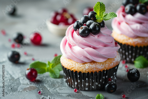 English cupcake with black currant and mint leaf