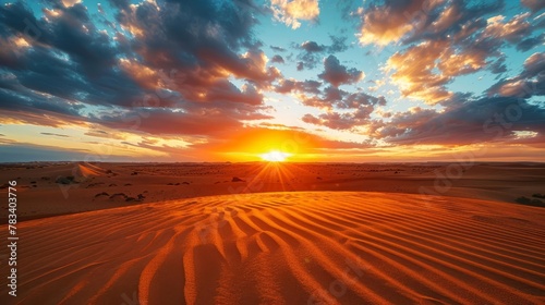 majestic desert sunset silhouette over vast sandy plain