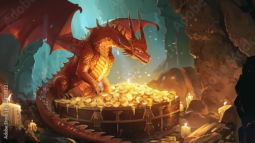 majestic dragon perched atop a treasure hoard in a candlelit cave digital painting
