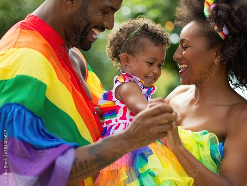 LGBTQ parents and child dancing in calypso style, closeup of joyful expressions, pride colors
