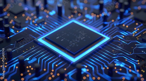 microchip semiconductor technology plug in circuit board motherboard computer with blue neon light glow glowing wires modern futuristic tech background