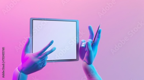 Blue mannequin hands in a 3D render holding a graphic tablet and a digital pen, with a colorful, blank screen. Concept of digital signature