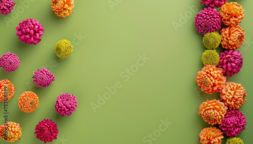 vibrant floral frame of colorful zinnia flowers on a green background for cinco de mayo, copy space 
