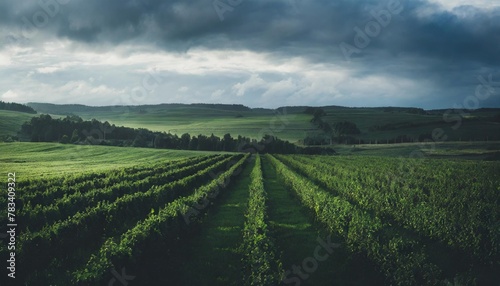 panoramic agricultural scenery wonderful rural landscape at summer field is planted with rows of bushes of black currant agriculture concept growing berries rich harvest concept