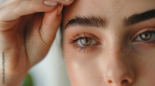 close-up of eyebrow care. Adorable young woman shaping her eyebrows.