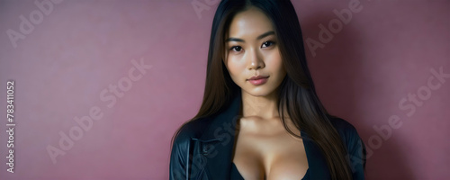 Sexy asian model with deep cleavage top. Copy space