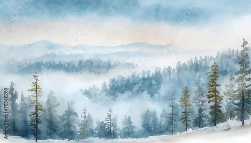 landscape of foggy forest winter hill wild nature frozen misty taiga watercolor background
