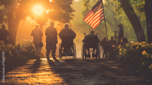 Veterans in wheelchairs and standing together around a flagpole, united in a moment of silence as the flag waves above them. The mid-morning light casts gentle shadows, underlining
