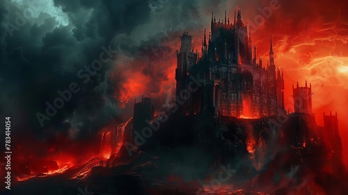 ominous demon castle in fiery hell landscape dark fantasy and horror concept evil and sinister architecture digital painting illustration