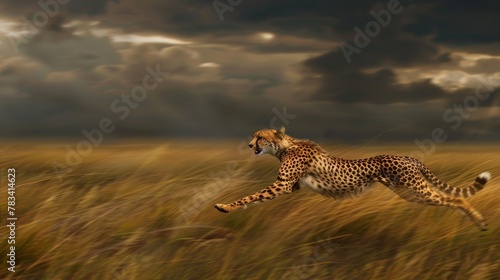 Fast Cheetah Running in Grassland Pursuit AI Generated.