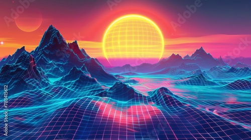 retro 80s synthwave neon grid landscape with sun and mountains futuristic digital illustration