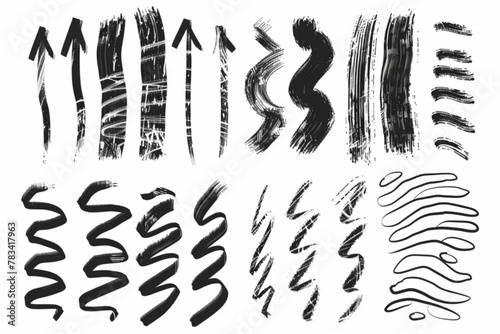 Charcoal scribble stripes, emphasis arrows, handdrawn numbers. Chalk crayon or marker doodle rouge handdrawn scratches. Vector illustration of lines, waves, squiggles in marker sketch style vector ico