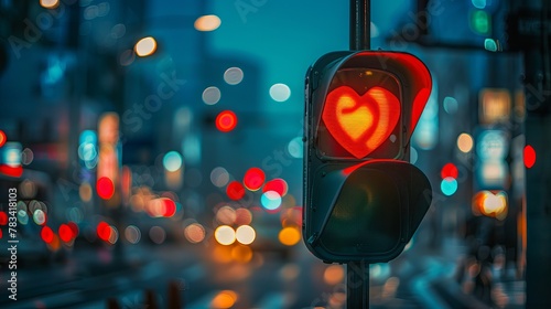 Valentine's Day concept traffic control semaphore with red heart-shaped semaphore on a blurred city background