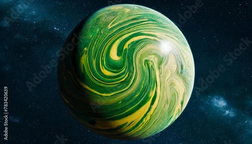 large gaseous planet adorned with swirling patterns of green and yellow set against tranquil backdrop of deep space twinkling with distant stars 3d render