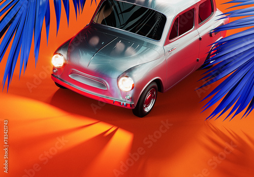 Summer travel concept. Retro car with palm leaf on vibrant orange background. 3D Rendering, 3D Illustration
