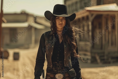 Confident cowgirl standing in a western town