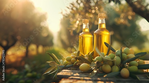 golden olive oil bottles with olives leaves and fruits setup in the middle of rural olive field with morning sunshine as wide banner with copyspace area