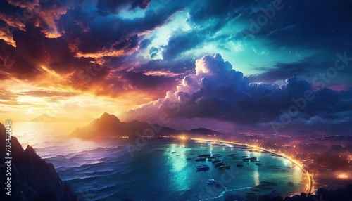 fantastic thick cloud sea sky above city land mountain fantasy backdrop concept art realistic illustration video game background digital painting cg artwork scenery artwork serious book illustration