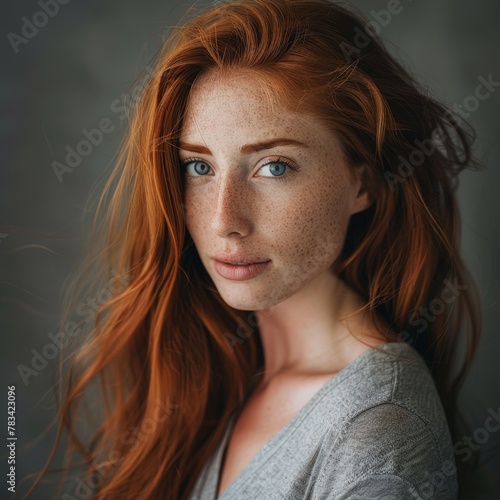 Portrait of a Young Woman with Freckles and Red Hair
