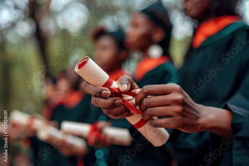 Graduates in black robes holding their diplomas with red ribbons, focus on hands and diplomas, blurred green background.