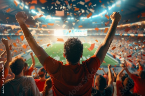 A man in a red shirt is holding his hands up in the air in a stadium. Football fans support the team