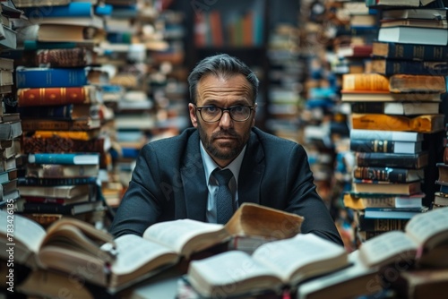A man is sitting in a library surrounded by books